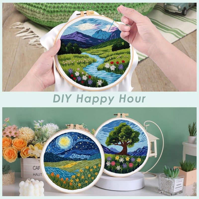 ERKOON 5 Sets Embroidery Kit for Beginners, Butterfly Cross Stitch Set for Include Embroidery Cloth Hoops Threads for Craft Lover Hand Stitch (Landscapes) - Image 3